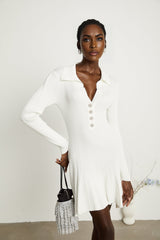 Domenica Mini Dress - Lapels - Long Sleeves - Knitted Construction - Button Fastening - Flared Hem