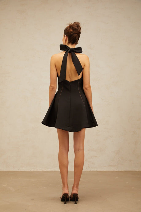 Domenica Mini Dress - Sleeveless Halterneck - Pleated Detailing - Flared Skirt - Fitted Silhouette - Neck Tie Fastening