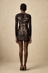 Domenica Mini Dress - Sweetheart Neck - Long Sleeves - Cinched Waist - Fitted Silhouette - Floral - Embroidered Lace