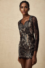 Domenica Mini Dress - Sweetheart Neck - Long Sleeves - Cinched Waist - Fitted Silhouette - Floral - Embroidered Lace