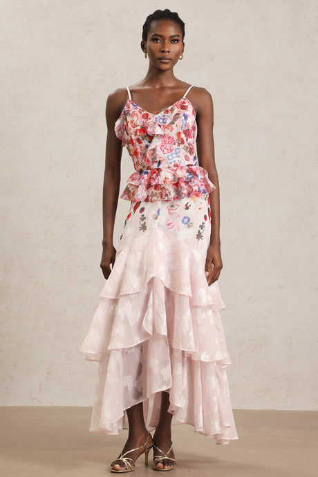 Domenica Pink Floral Ruffle Halter Dress