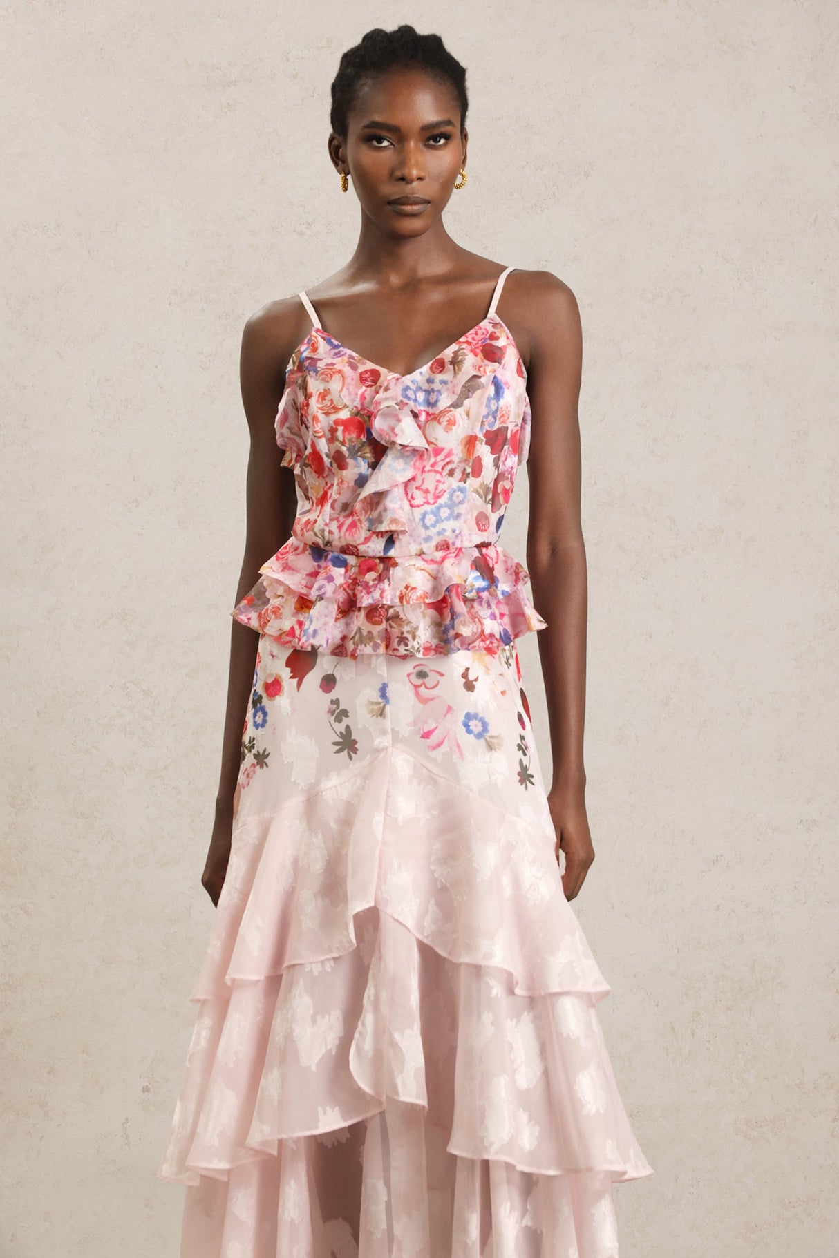Domenica Pink Floral Ruffle Halter Dress