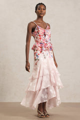 Domenica Pink Floral Ruffle Halter Dress for Garden Parties Weddings or Evening Strolls