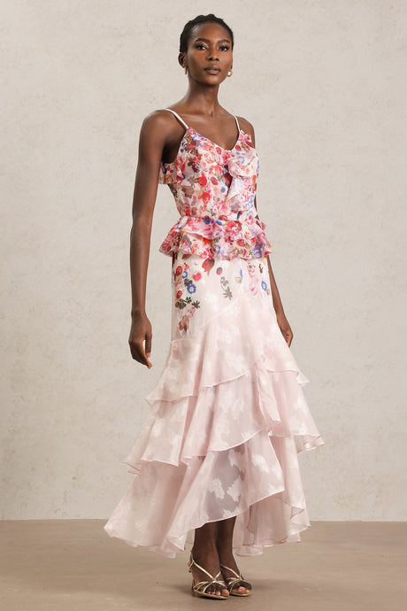 Domenica Pink Floral Ruffle Halter Dress for Garden Parties Weddings or Evening Strolls