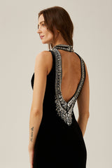 Domenica Velvet Maxi Dress – Open Back – Crystal Embellishment – Sleeveless – Mock Neck