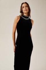 Domenica Velvet Maxi Dress – Open Back – Crystal Embellishment – Sleeveless – Mock Neck