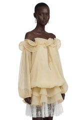 Dominica Pale Yellow Ruffled Mini Dress with 3D Florals
