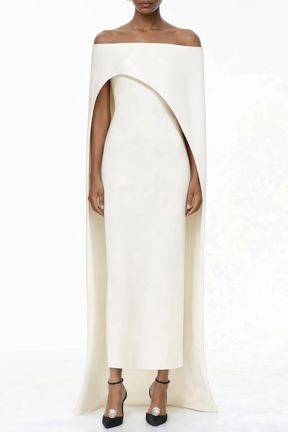 Dominique White Asymmetrical Cape Maxi Dress