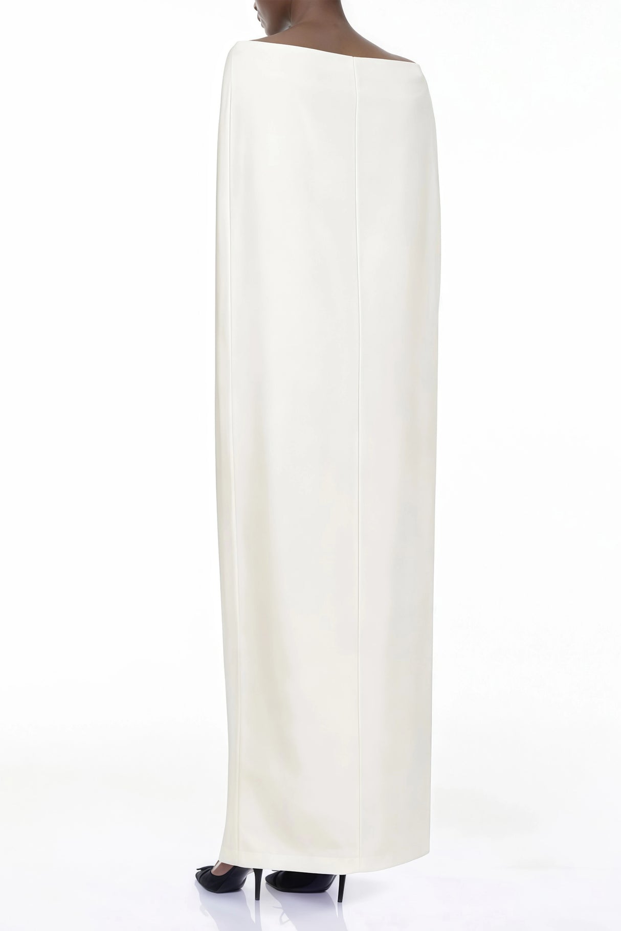 Dominique White Asymmetrical Cape Maxi Dress