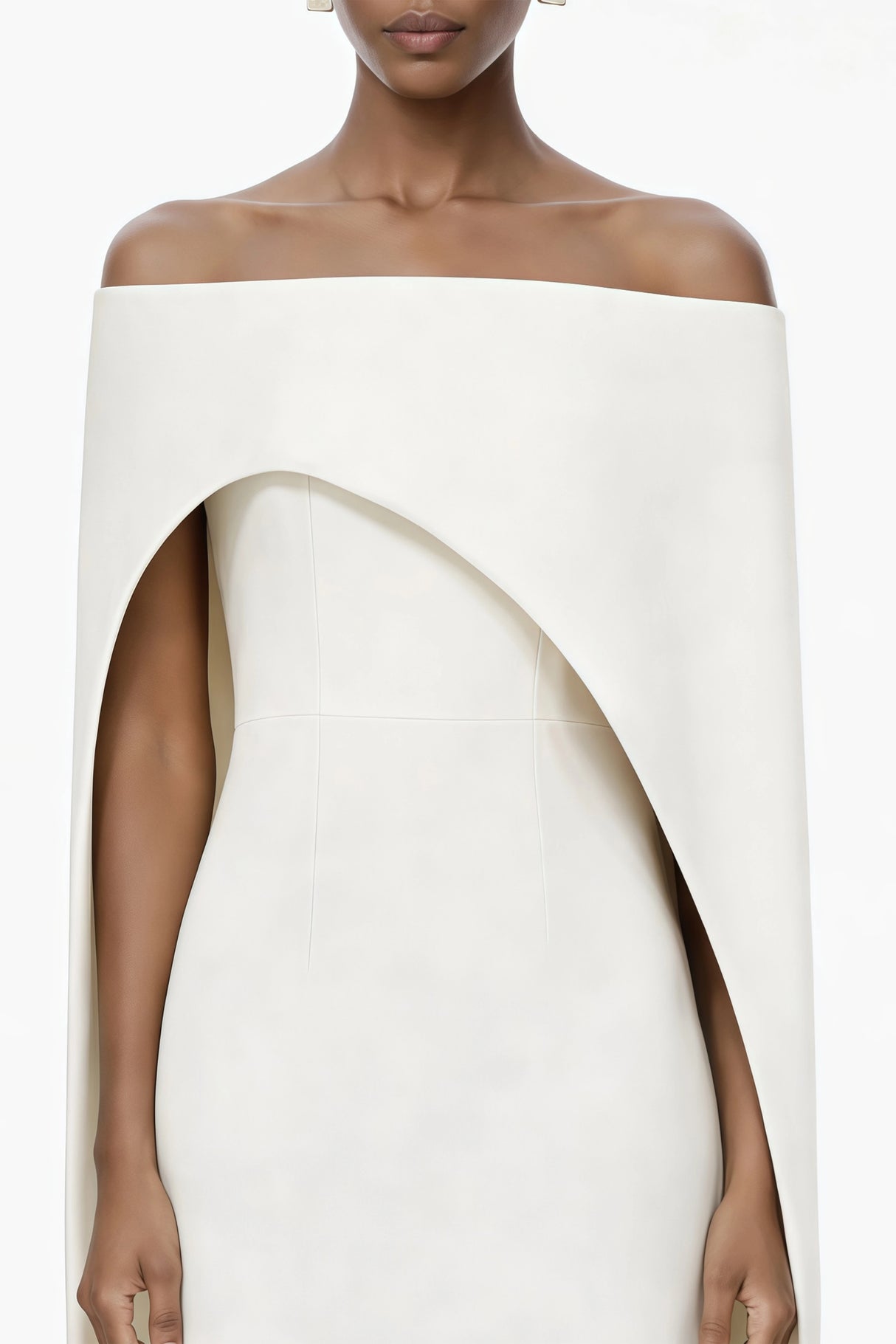 Dominique White Asymmetrical Cape Maxi Dress