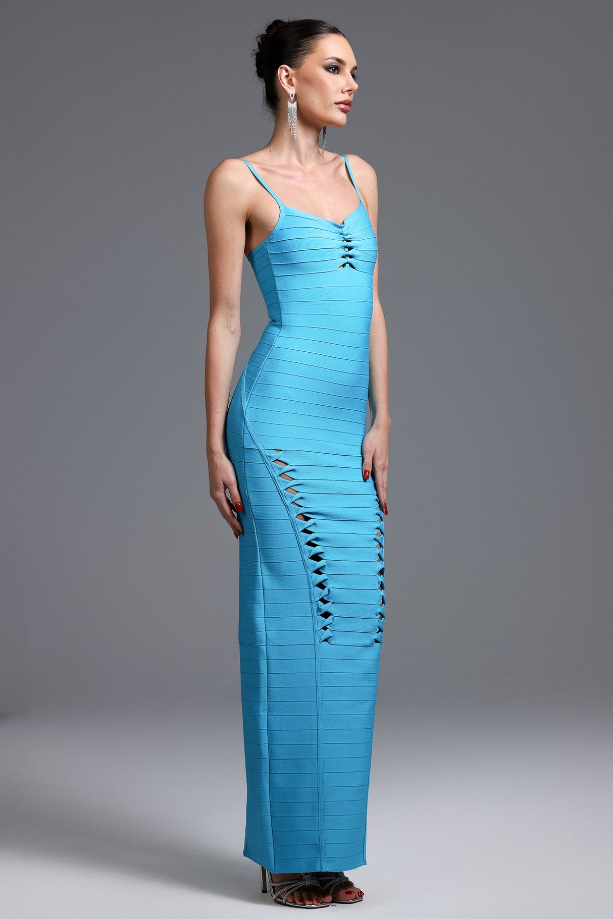 Donatella Blue Bandage Maxi Dress with Intricate Cutouts