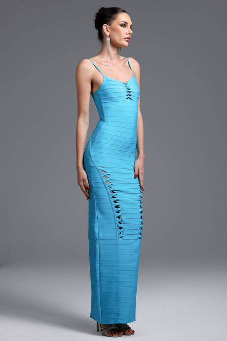 Donatella Blue Bandage Maxi Dress with Intricate Cutouts