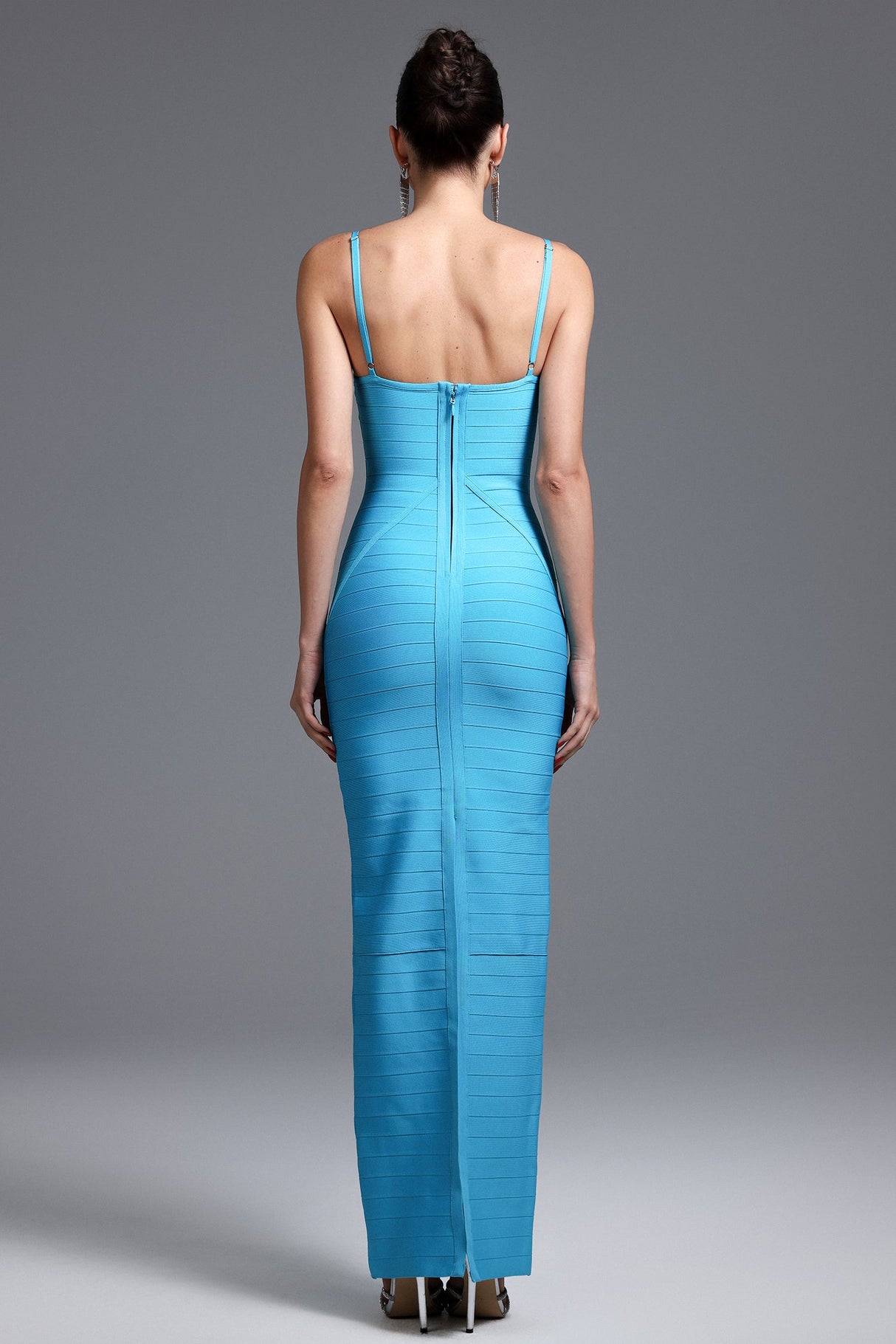 Donatella Blue Bandage Maxi Dress with Strappy Neckline and Cutout Side Detailing for Evening Outings and Special Occasions