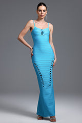 Donatella Blue Maxi Dress Elegant Modern Allure Contour Bandage Style Strappy Neckline Side Cutouts Luxurious Fabric Flattering Silhouette Evening Special Occasions Wardrobe Must-Have
