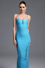 Donatella Blue Maxi Dress with Contour Bandage Style and Intricate Cutouts for Evening Outings or Special Occasions
