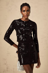 Donatella Cardigan & Skirt - Ribbed Knit - Crystal Buttons - Sequin Embellishments - Patch Pockets