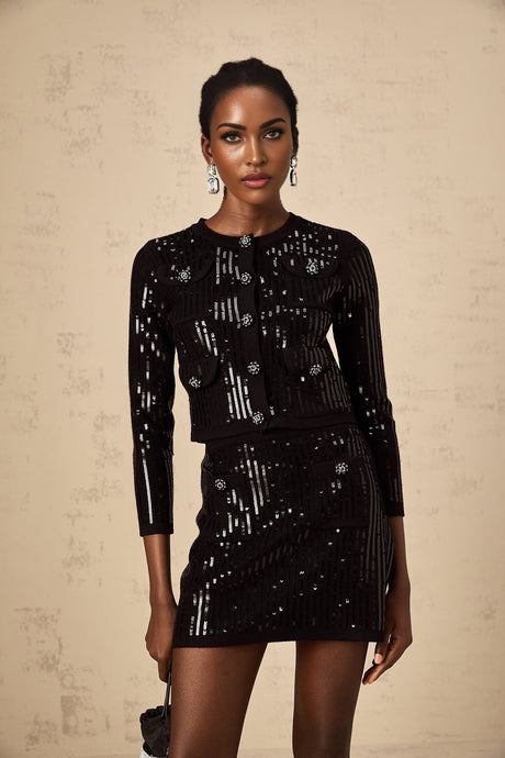 Donatella Cardigan & Skirt - Ribbed Knit - Crystal Buttons - Sequin Embellishments - Patch Pockets