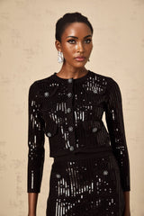 Donatella Cardigan & Skirt - Ribbed Knit - Crystal Buttons - Sequin Embellishments - Patch Pockets
