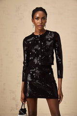 Donatella Cardigan & Skirt - Ribbed Knit - Crystal Buttons - Sequin Embellishments - Patch Pockets