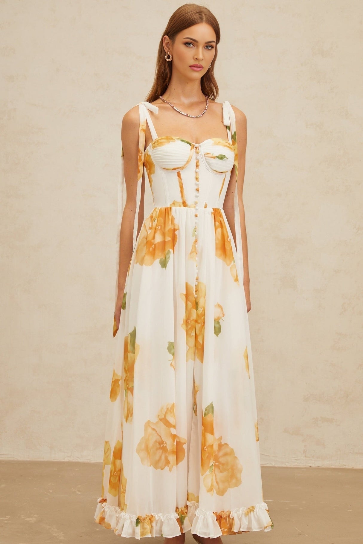 Donatella Maxi Dress - White Orange Floral Sweetheart Wide Tie Boned Cinched Ruffle Lace - Up Slit Shired Buttons Fiber