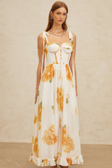 Donatella Maxi Dress - White Orange Floral Sweetheart Wide Tie Boned Cinched Ruffle Lace - Up Slit Shired Buttons Fiber