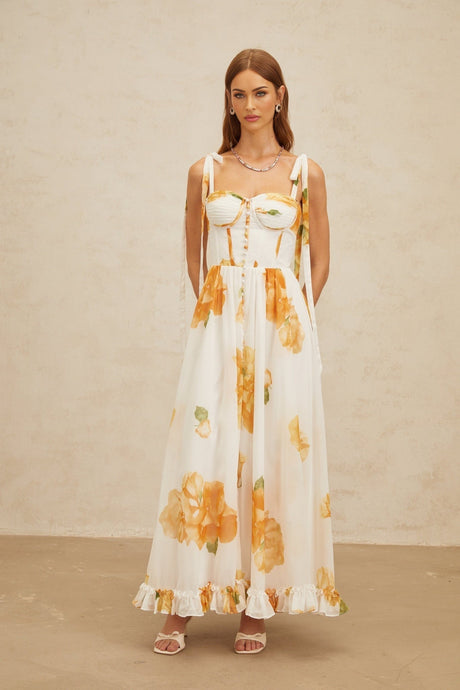 Donatella Maxi Dress - White Orange Floral Sweetheart Wide Tie Boned Cinched Ruffle Lace - Up Slit Shired Buttons Fiber