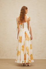 Donatella Maxi Dress - White Orange Floral Sweetheart Wide Tie Boned Cinched Ruffle Lace - Up Slit Shired Buttons Fiber