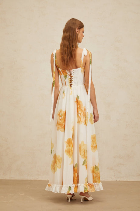 Donatella Maxi Dress - White Orange Floral Sweetheart Wide Tie Boned Cinched Ruffle Lace - Up Slit Shired Buttons Fiber