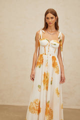 Donatella Maxi Dress - White Orange Floral Sweetheart Wide Tie Boned Cinched Ruffle Lace - Up Slit Shired Buttons Fiber