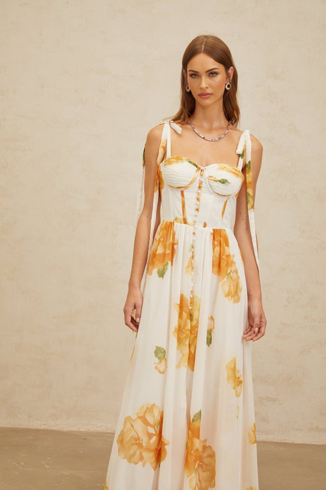 Donatella Maxi Dress - White Orange Floral Sweetheart Wide Tie Boned Cinched Ruffle Lace - Up Slit Shired Buttons Fiber