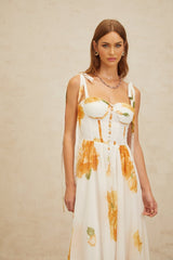 Donatella Maxi Dress - White Orange Floral Sweetheart Wide Tie Boned Cinched Ruffle Lace - Up Slit Shired Buttons Fiber