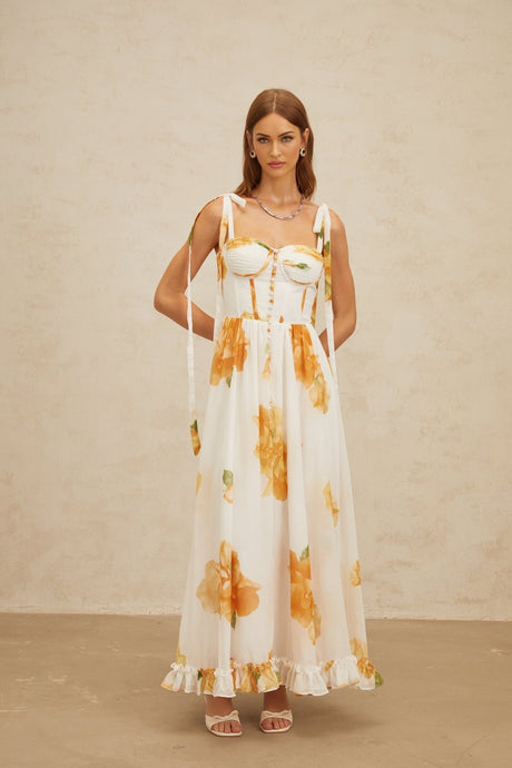 Donatella Maxi Dress - White Orange Floral Sweetheart Wide Tie Boned Cinched Ruffle Lace - Up Slit Shired Buttons Fiber