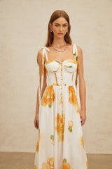 Donatella Maxi Dress - White Orange Floral Sweetheart Wide Tie Boned Cinched Ruffle Lace - Up Slit Shired Buttons Fiber