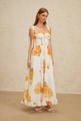 Donatella Maxi Dress - White Orange Floral Sweetheart Wide Tie Boned Cinched Ruffle Lace - Up Slit Shired Buttons Fiber