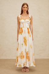 Donatella Maxi Dress - White Orange Floral Sweetheart Wide Tie Boned Cinched Ruffle Lace - Up Slit Shired Buttons Fiber