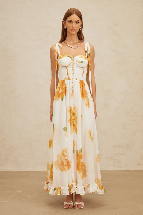 Donatella Maxi Dress - White Orange Floral Sweetheart Wide Tie Boned Cinched Ruffle Lace - Up Slit Shired Buttons Fiber