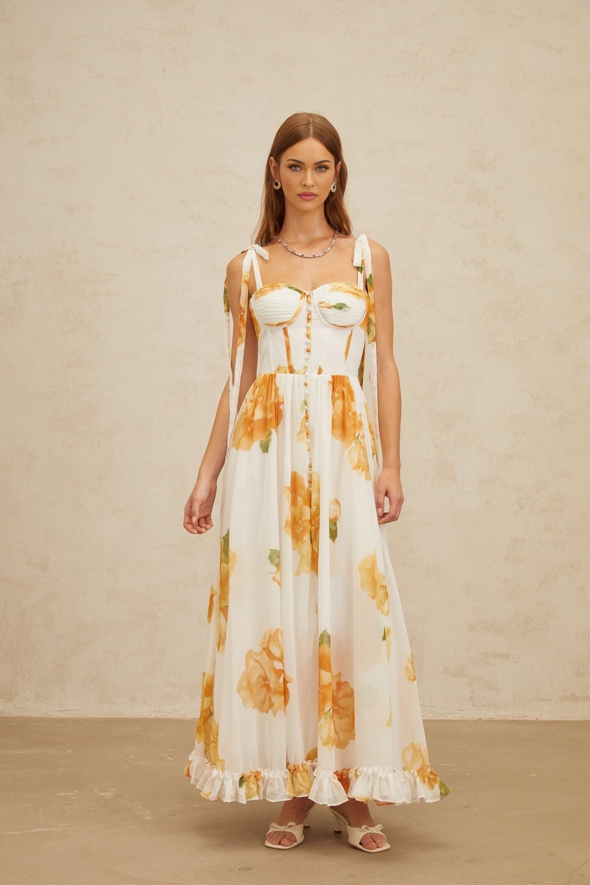 Donatella Maxi Dress - White Orange Floral Sweetheart Wide Tie Boned Cinched Ruffle Lace - Up Slit Shired Buttons Fiber