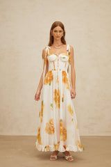 Donatella Maxi Dress - White Orange Floral Sweetheart Wide Tie Boned Cinched Ruffle Lace - Up Slit Shired Buttons Fiber