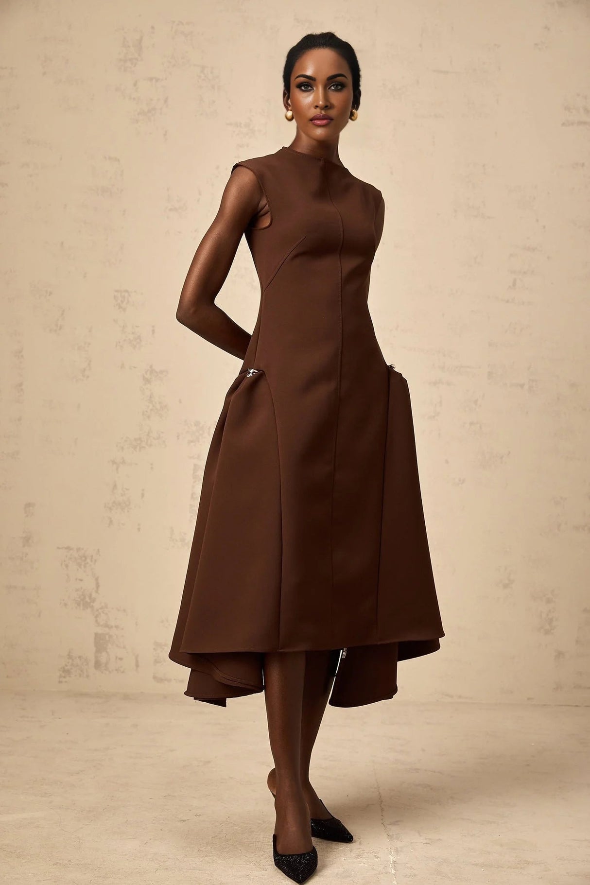 Donatella Midi Dress Brown Twill Asymmetrical Full Skirt Silver - tone Hardware