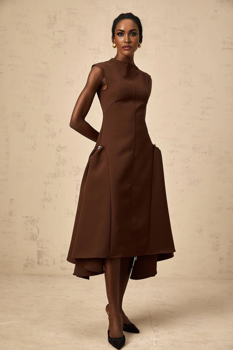 Donatella Midi Dress Brown Twill Asymmetrical Full Skirt Silver - tone Hardware