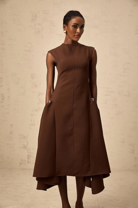 Donatella Midi Dress Brown Twill Asymmetrical Full Skirt Silver - tone Hardware