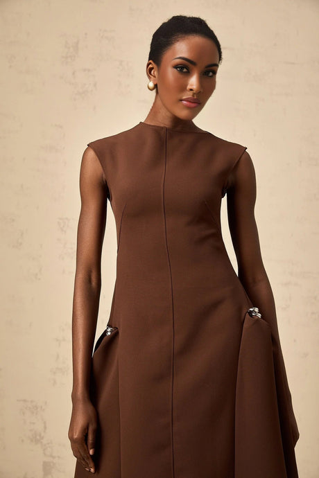 Donatella Midi Dress Brown Twill Asymmetrical Full Skirt Silver - tone Hardware