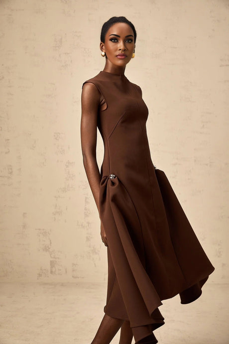 Donatella Midi Dress Brown Twill Asymmetrical Full Skirt Silver - tone Hardware
