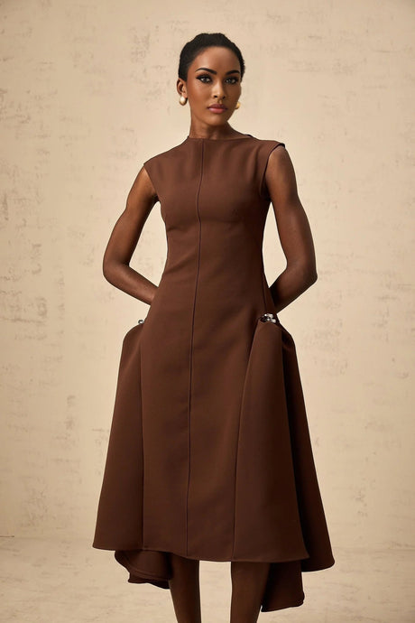 Donatella Midi Dress Brown Twill Asymmetrical Full Skirt Silver - tone Hardware