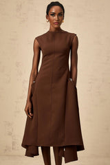 Donatella Midi Dress Brown Twill Asymmetrical Full Skirt Silver - tone Hardware