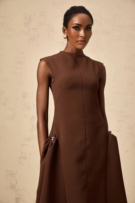 Donatella Midi Dress Brown Twill Asymmetrical Full Skirt Silver - tone Hardware