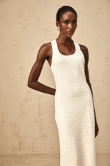 Donatella Midi Dress White Textured U - Neck Slit Style