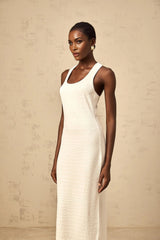Donatella Midi Dress White Textured U - Neck Slit Style