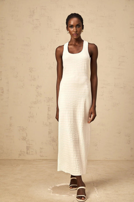 Donatella Midi Dress White Textured U - Neck Slit Style