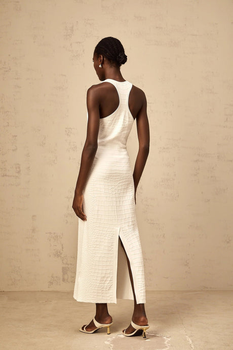 Donatella Midi Dress White Textured U - Neck Slit Style
